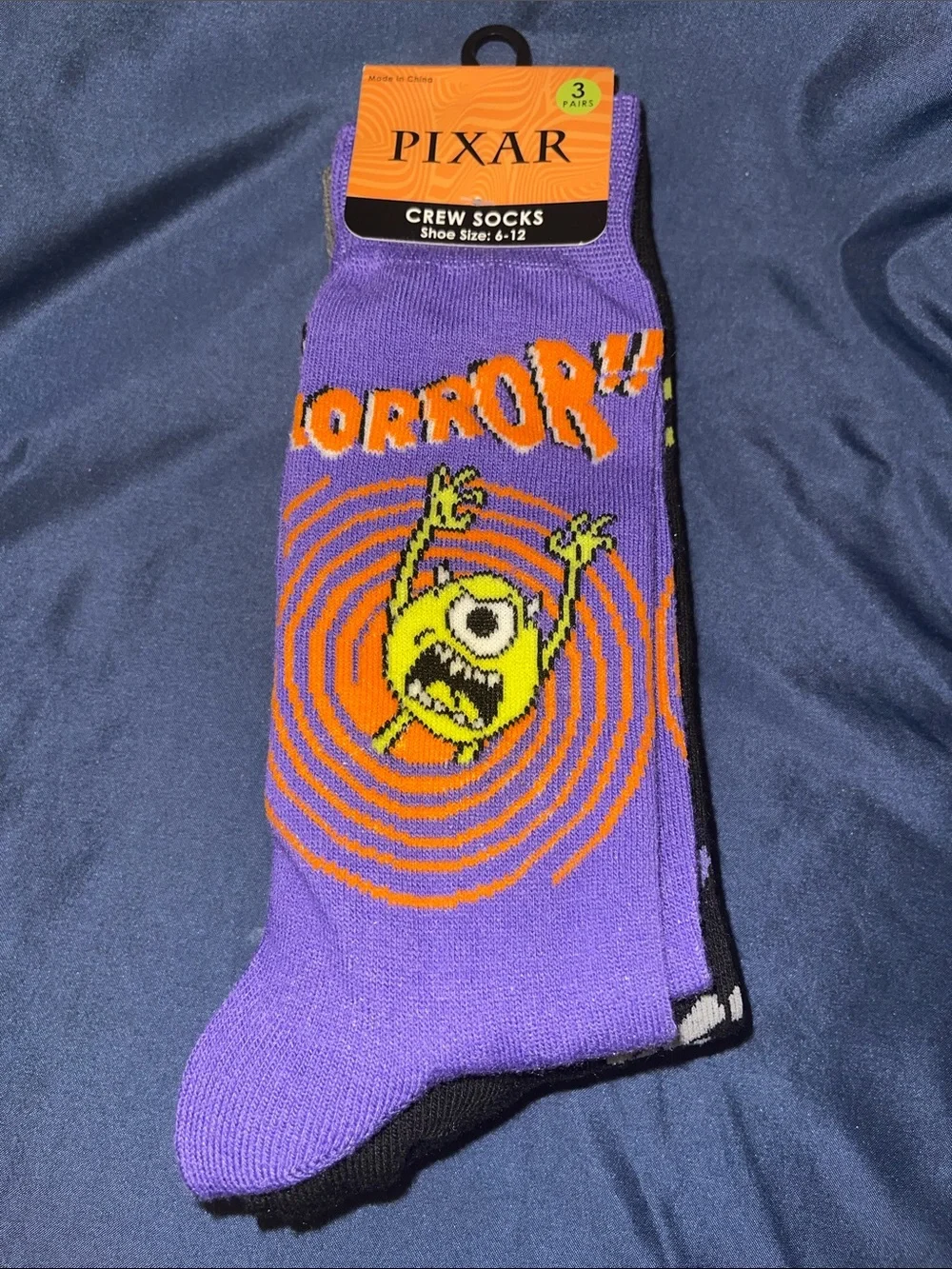 Pixar Men's Crew Socks - Purple Mike Wazowski Horror Graphic